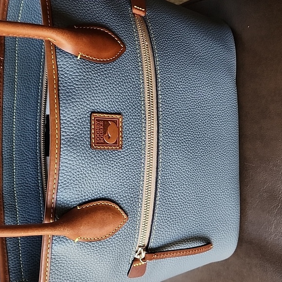 DOONEY & BOURKE Grey Pebbled Leather Two Handle Tote Bag with Tan Leather Trim - Picture 3 of 16